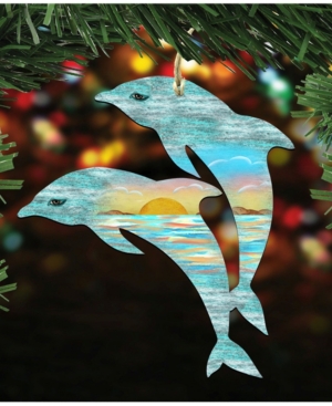 Designocracy Dolphins Scenic Wooden Christmas Ornament Set of 2