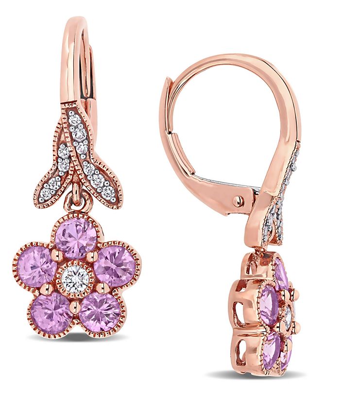 Macy's - Pink Sapphire (1-1/4 ct. t.w.) & Diamond (1/7 ct. t.w.) Flower Drop Earrings in 10k Rose Gold