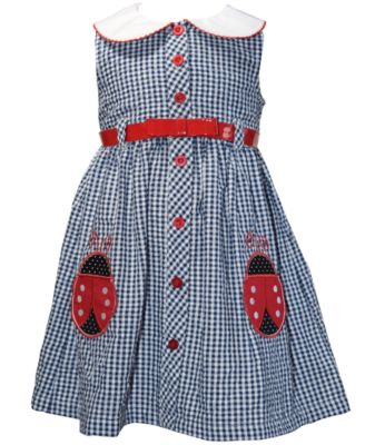 Blueberi Boulevard - Toddler Girls Belted Seersucker Ladybug Dress