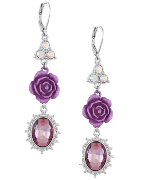 image of Guess Silver-Tone Crystal & Rose Triple Drop Earrings
