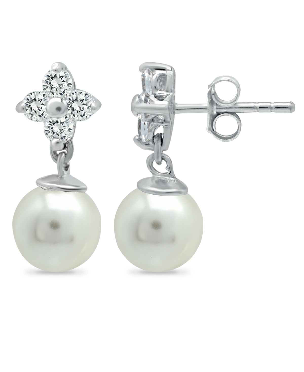 Imitation Pearl and Cluster Cubic Zirconia Drop Earrings Crafted Plate - Silver
