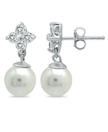 Macy's - Imitation Pearl and Cluster Cubic Zirconia Drop Earrings Crafted in Fine Silver Plate