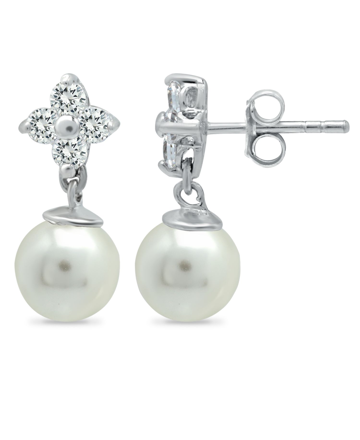 Imitation Pearl and Cluster Cubic Zirconia Drop Earrings Crafted in Silver Plate