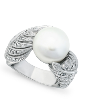 image of Imitation Pearl and Multi Row Pave Cubic Zirconia Ring in Fine Silver Plate