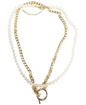 image of Steve Madden Gold-Tone Link & Imitation Pearl Double-Row Necklace, 15-1/3
