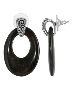 image of 2028 Pewter Semi Precious Oval Obsidian Hoop Earrings