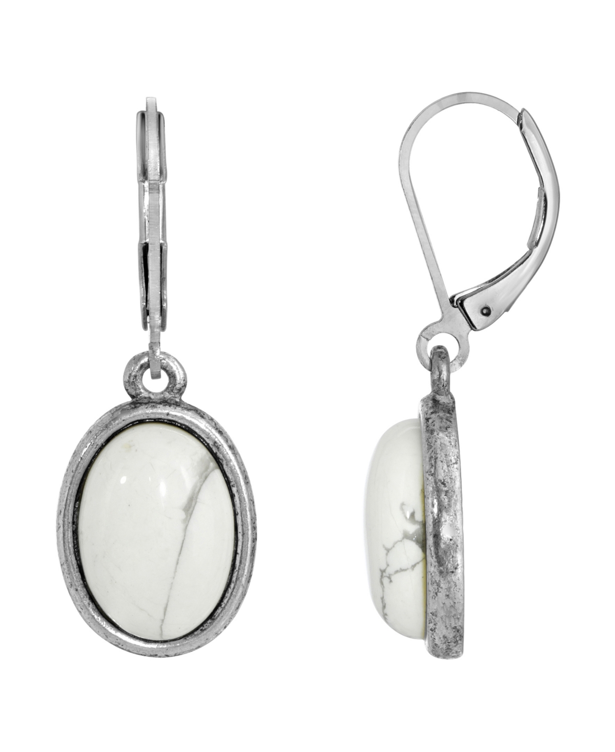 Silver-Tone Semi Precious Howlite Oval Drop Earrings - White