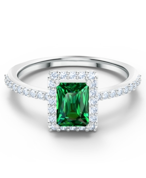 image of Swarovski Silver-Tone Pave & Green Crystal Rectangular Ring