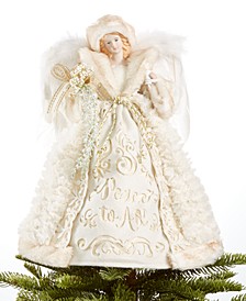 10 Light Angel Tree Topper with Cream and Gold Dress with "Peace to All" and Fur Trim with Feather Wings,Created for Macy's
