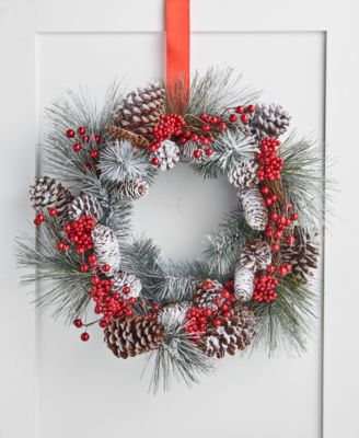 Martha Stewart Collection - Farmhouse Snowy Pine Cone and Red Berry Wreath