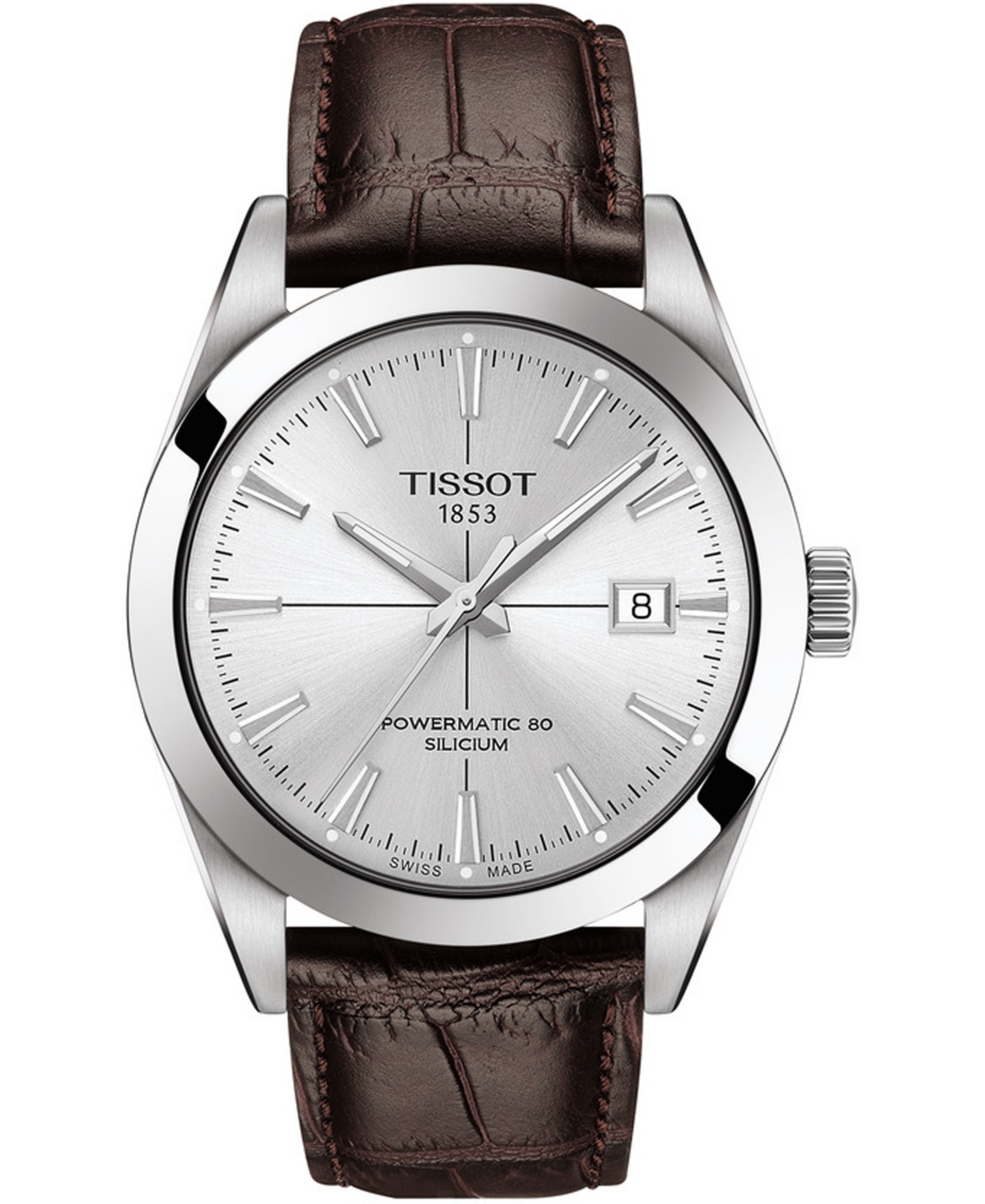 Tissot Men's Swiss Automatic Powermatic 80 Silicium Brown Leather Strap Watch 40mm In Silver