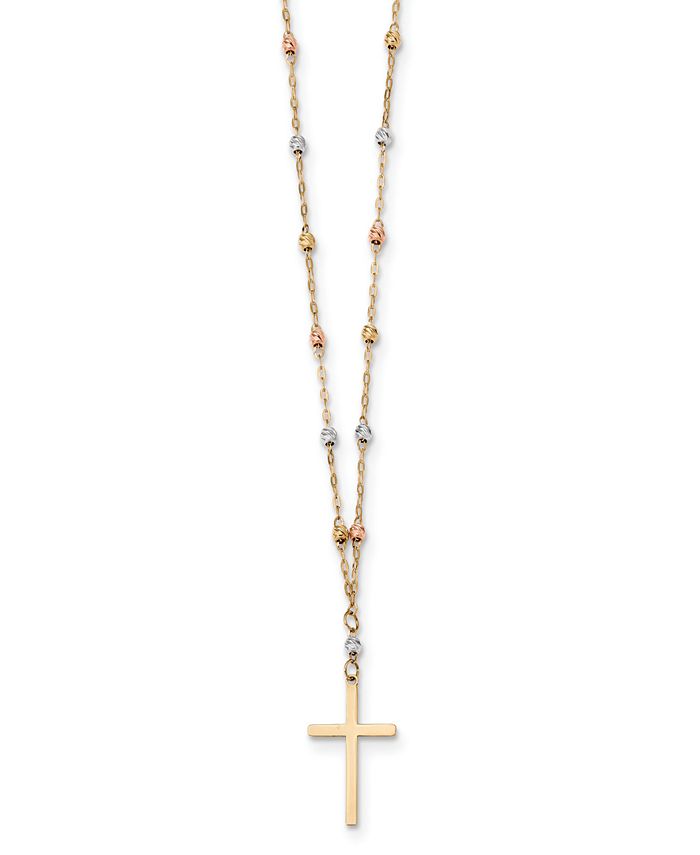 Macy's - Tricolor Beaded Cross 17" Pendant Necklace in 14k Yellow, White & Rose Gold