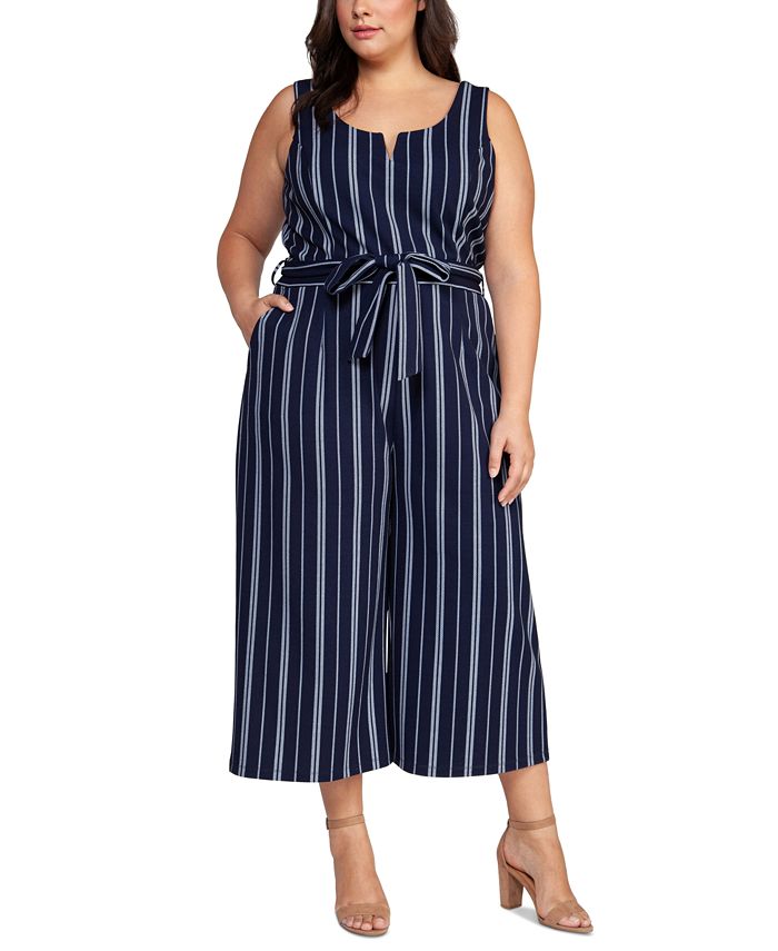 Black Tape Plus Size Belted Striped Cropped Jumpsuit - Macy's
