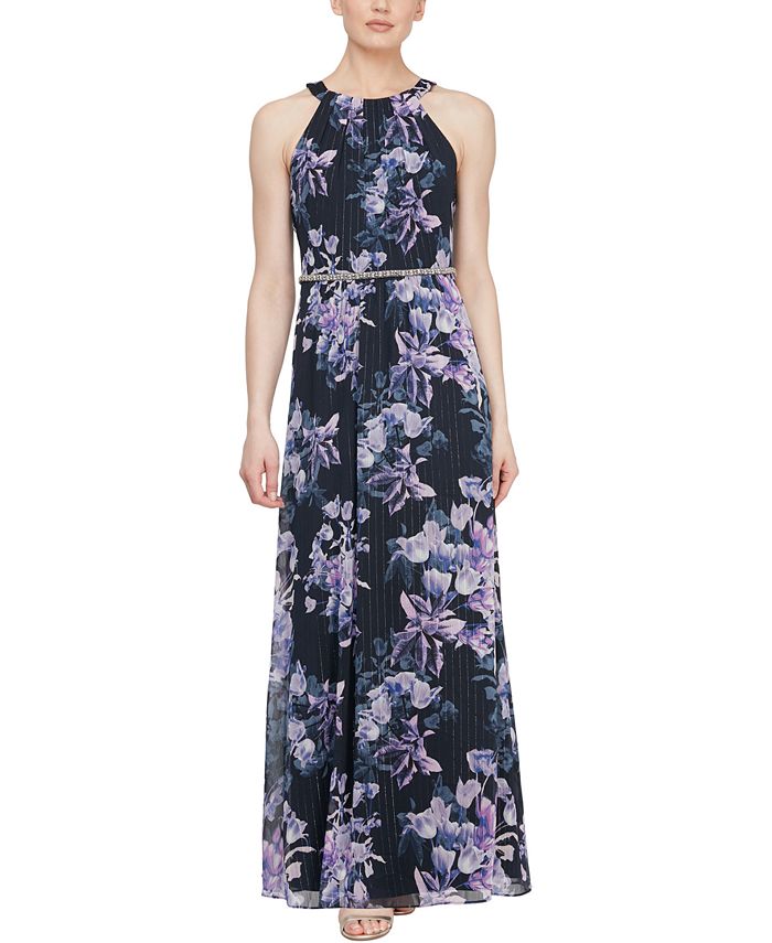 SL Fashions Halter Floral-Print Maxi Gown - Macy's