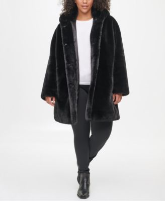 DKNY Plus Size Hooded Faux-Fur Coat