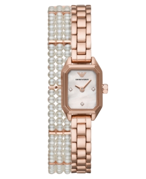 image of Emporio Armani Women-s Rose Gold-Tone Stainless Steel & Freshwater Pearl Double-Wrap Bracelet Watch 25mm