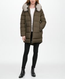 Faux-Fur-Trim Hooded Puffer Coat