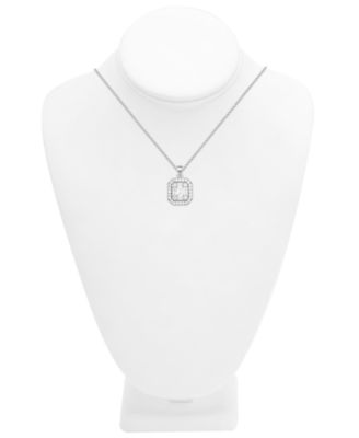 Cubic Zirconia Rectangle Halo Pendant Necklace, 16" + 2" extender in Silver or Gold Plate