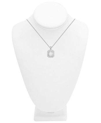 Essentials - Cubic Zirconia Rectangle Halo Pendant Necklace, 16" + 2" extender