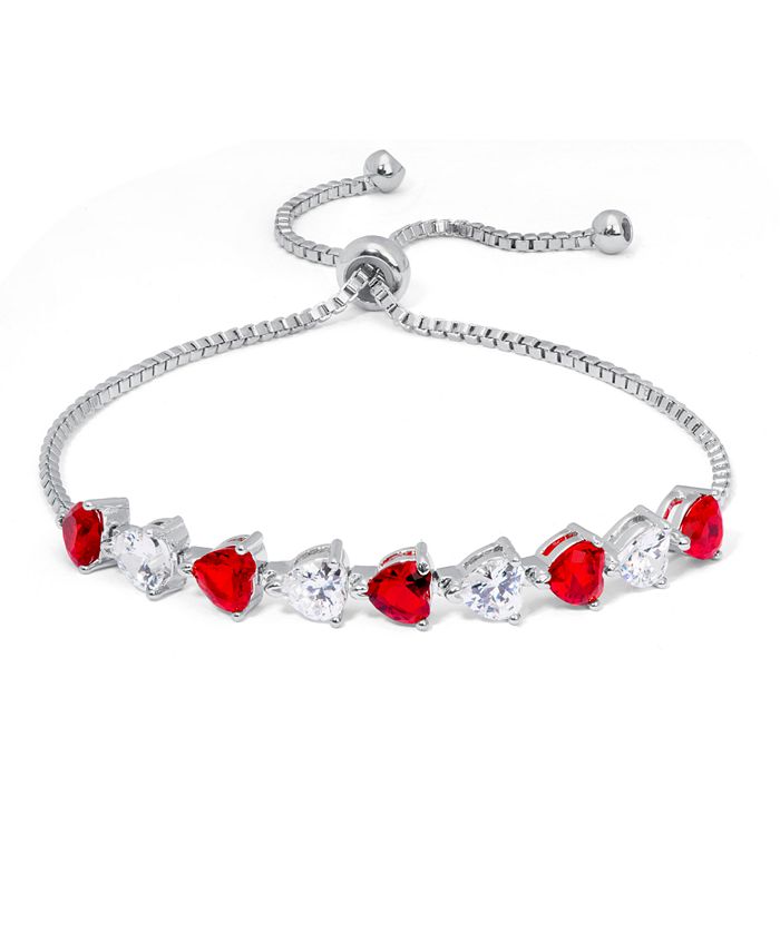 Macy's - FIne Silver Plate Simulated Ruby And Cubic Zirconia Heart Adjustable Bolo Bracelet