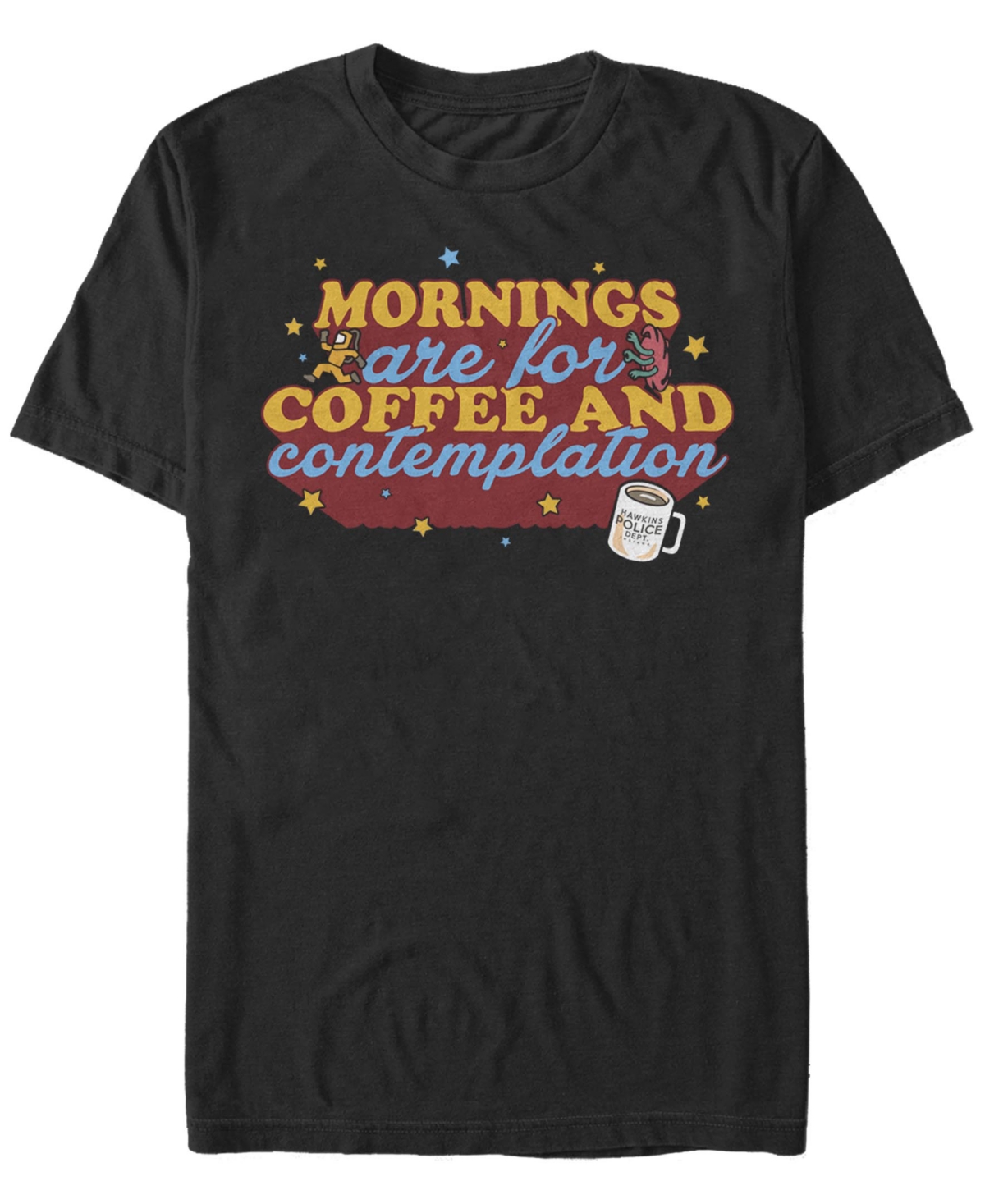 Fifth Sun Stranger Things Men's Coffee And Contemplation Typographic Short Sleeve T-shirt In Black