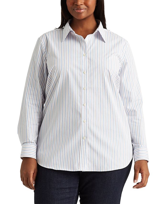 Lauren Ralph Lauren Plus-Size Pinstripe Easy Care Cotton Shirt - Macy's