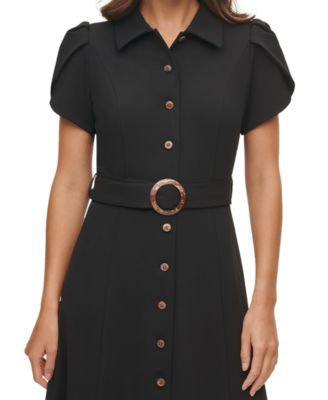 Puff-Sleeve Belted Midi Dress