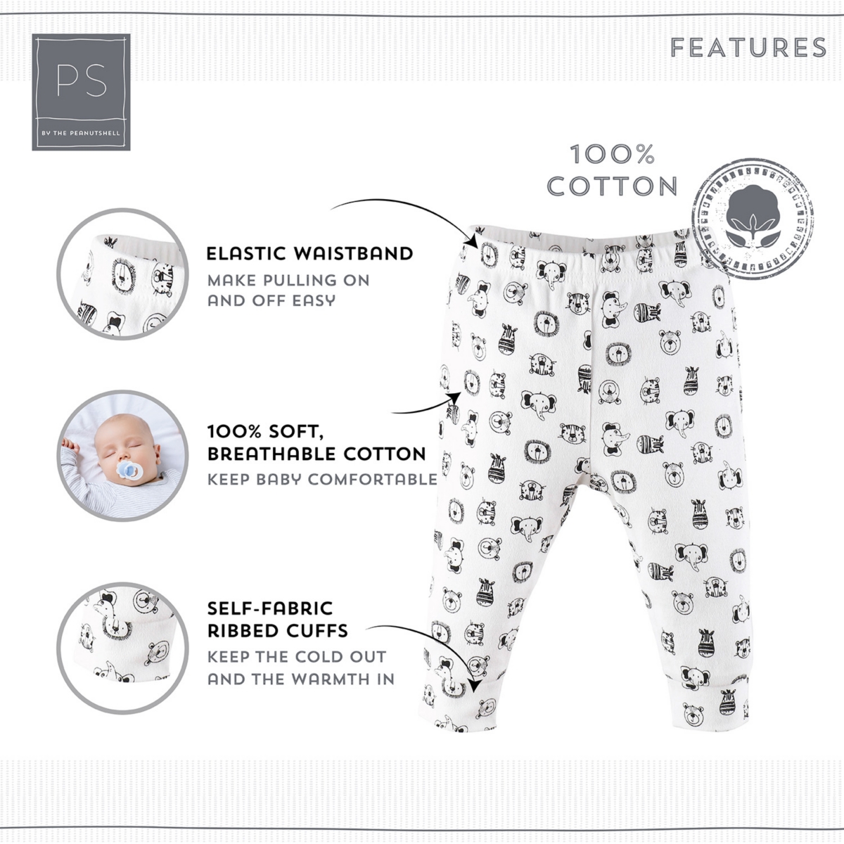 The Peanutshell Baby Boys Pants Set, 5 Pack, Grey Safari Animals