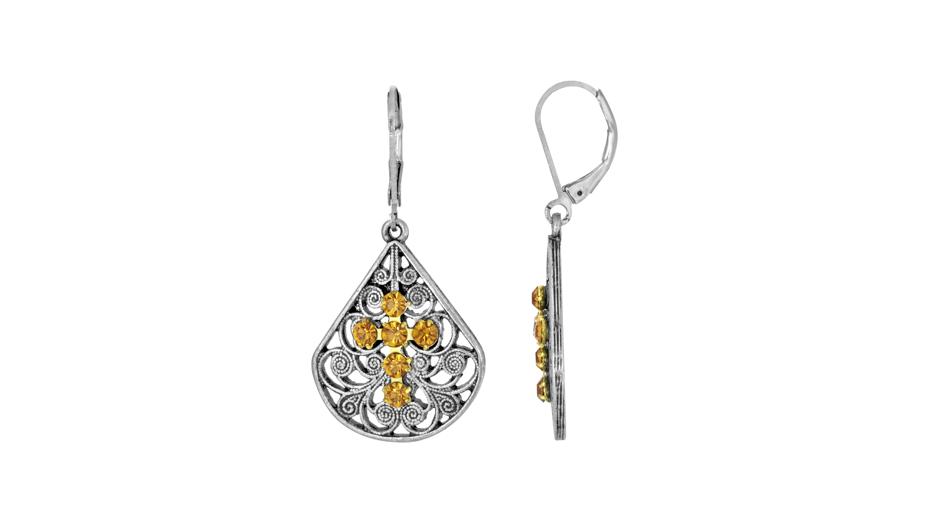 2028 Pewter Fan Red Crystal Cross Earrings