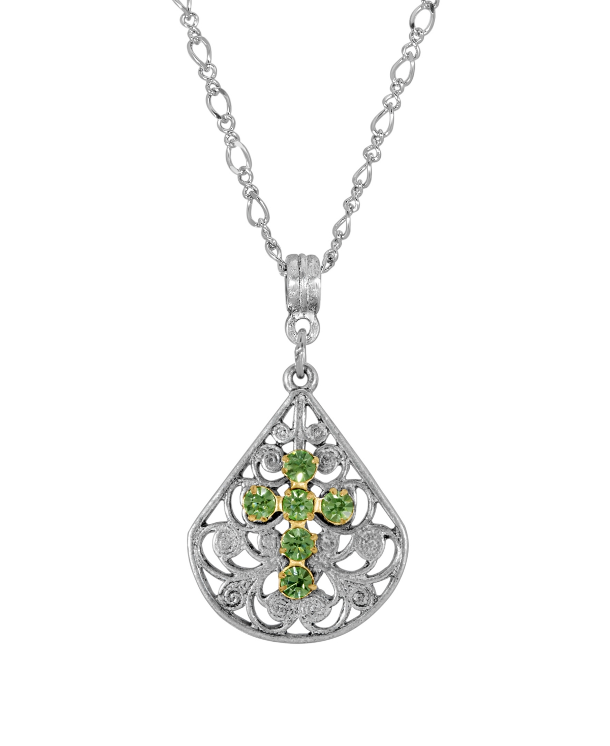 2028 Pewter Fan Light Green Crystal Cross 16" Adjustable Necklace