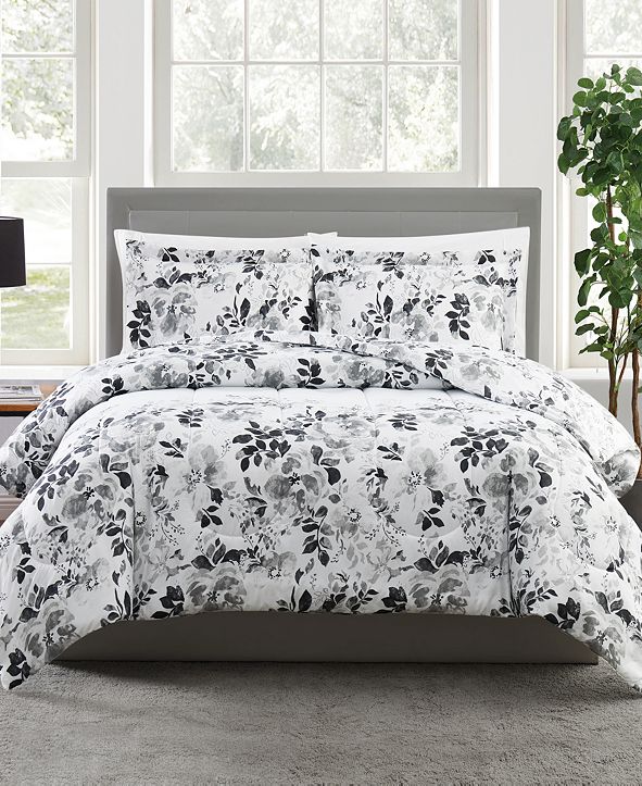Pem America Black and White 3Pc. FloralPrint Full/Queen Comforter Set