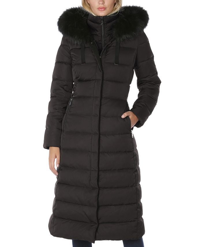 tahari faux fur trim hood long puffer jacket