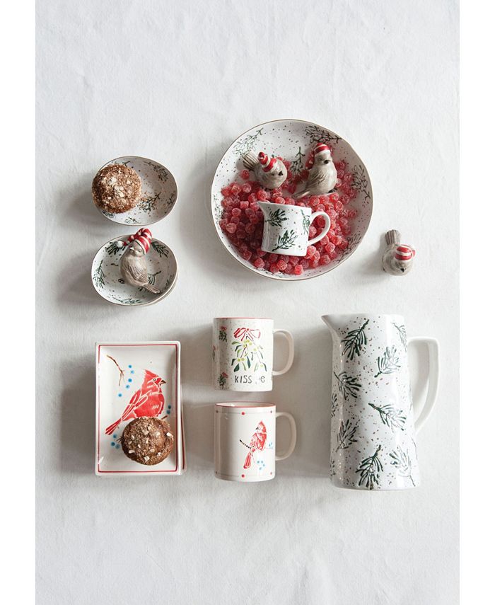 CREATIVE COOP INC 64 Oz. Stoneware Pitcher with HandPainted Pine Leaves Goldtone