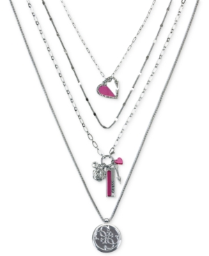 image of Guess Silver-Tone Pave Heart, Flower, & Logo Layered Pendant Necklace, 18
