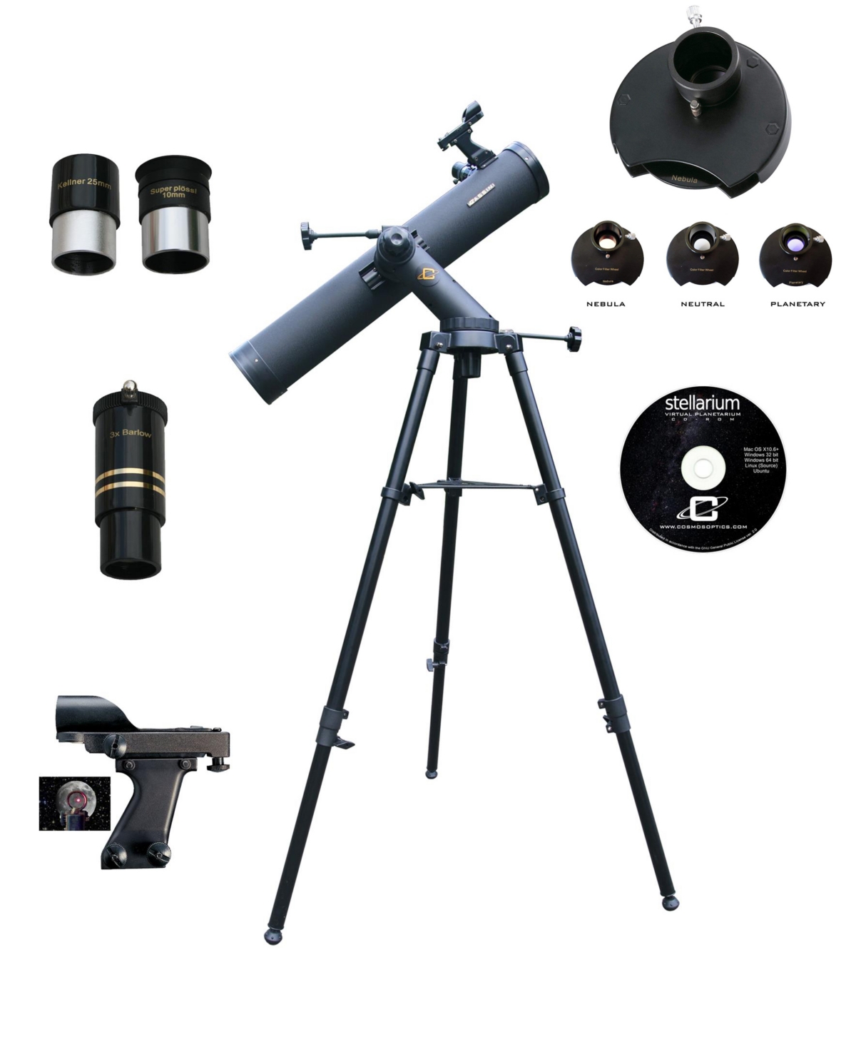 Cassini 1100mm X 102mm Astronomical Tracker Mount Telescope Kit With Color Filter Wheel In Black