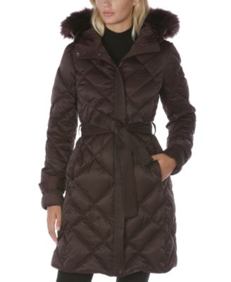 Laundry by Shelli Segal - Belted Faux-Fur-Trim Hooded Puffer Coat