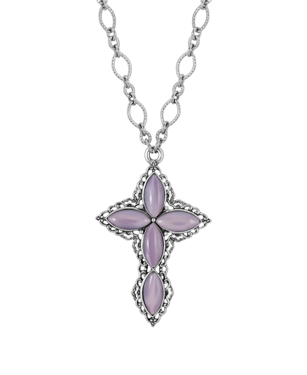 2028 Pewter Amethyst Diamond Shaped Stones Cross 24" Necklace In Purple