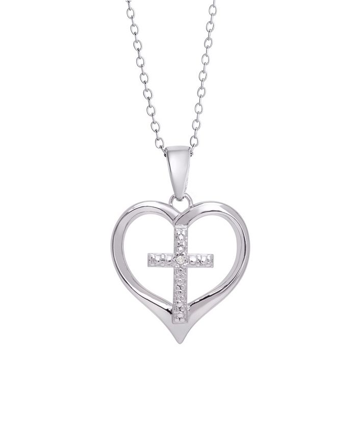 Macy's Diamond Accent Silver-plated Cross in Heart Pendant Necklace ...