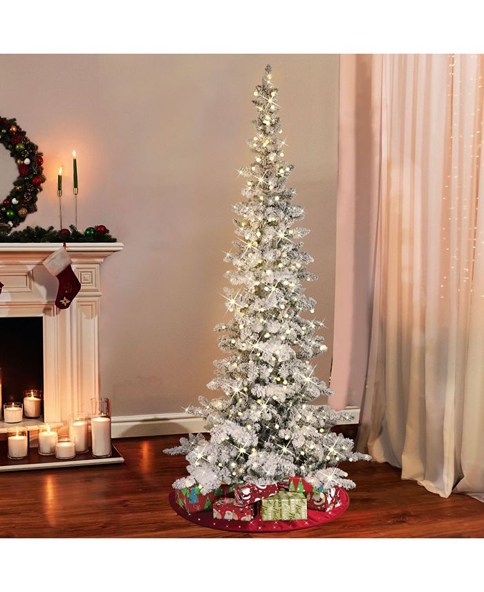 Puleo 7.5" PreLit Flocked Slim Whistler Pine Artificial Christmas Tree