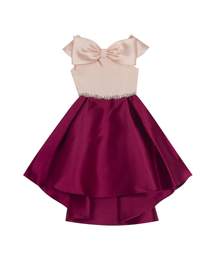 sequin lace and mikado high low hem gown with bow