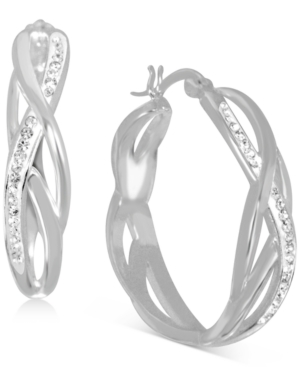 image of Essentials Crystal Braided Medium Hoop Earrings in Fine Silver-Plate, 1.24
