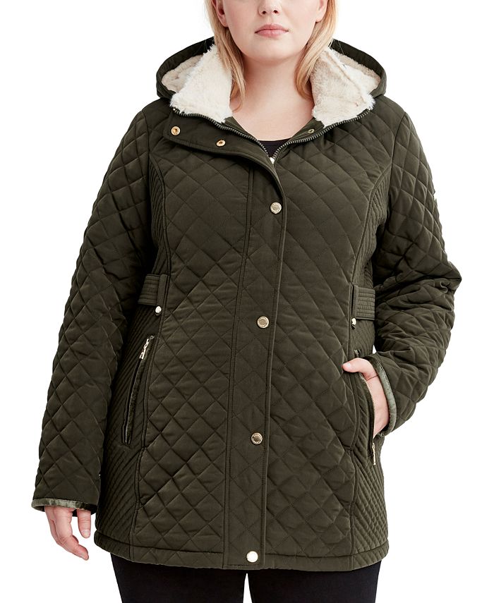 Faux Sherpa Lined Quilted Coat, Laundry Faux Fur Lined Coat Plus Size