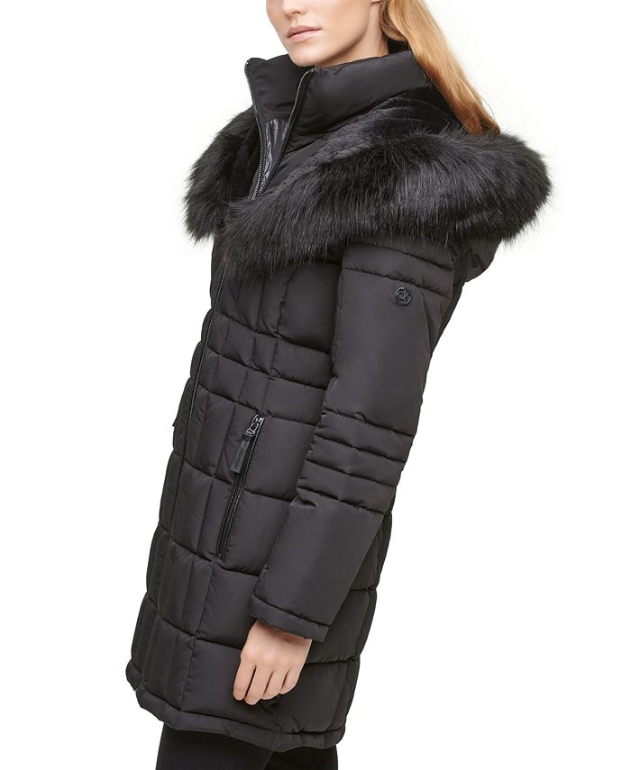 Calvin Klein Faux-Fur-Trim Hooded Puffer Coat - Macy's