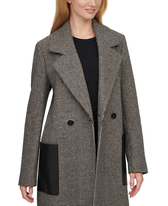 Calvin Klein Faux-Leather-Pocket Houndstooth Maxi Coat - Macy's