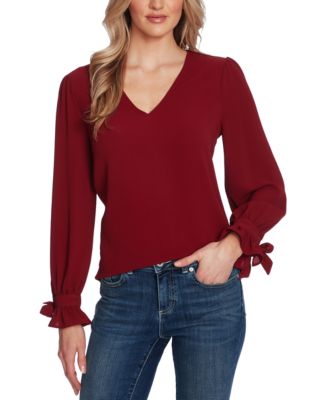 CeCe Women's Solid Long Sleeve V-Neck Tie-Cuff Blouse - Macy's