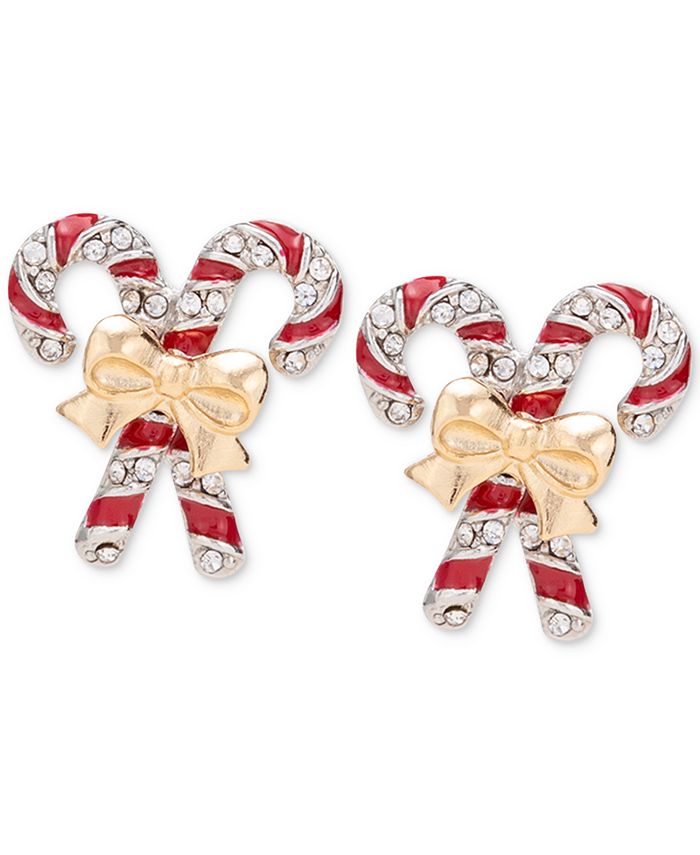 Festive 1 Gold Plated Bangle Christmas Earrings With Candy Cane and Bow