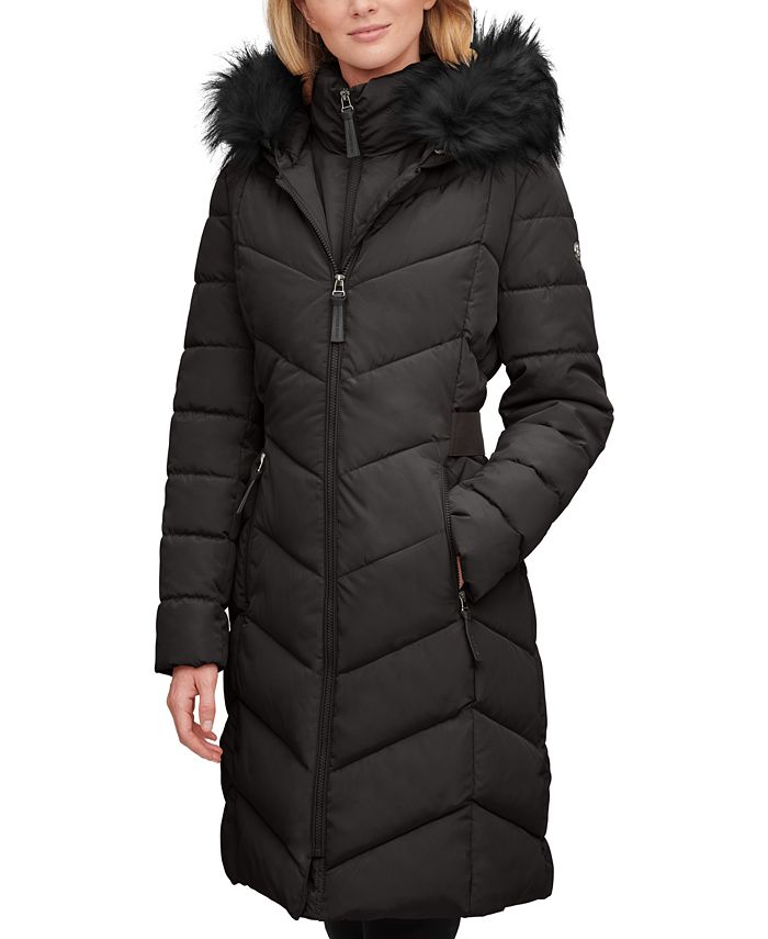 Womens Calvin Klein Black Winter Coat With Faux Fur-Trimmed Hood- Size M