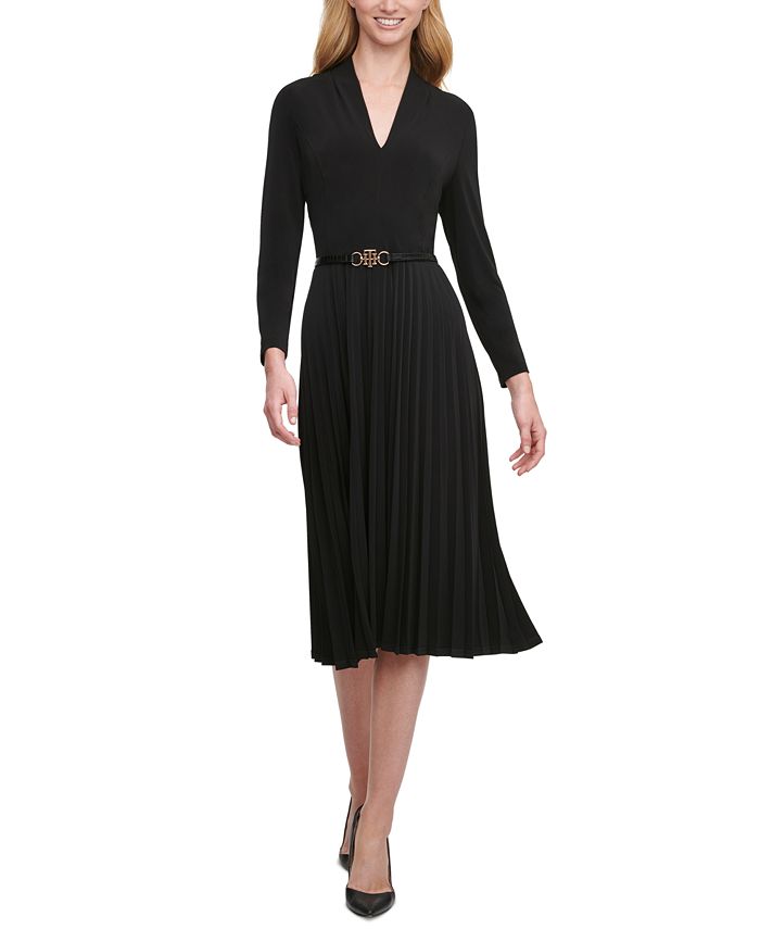Tommy Hilfiger Belted Pleated Fit & Flare Dress & Reviews - Dresses - Women  - Macy's