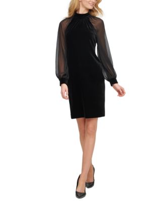 Calvin Klein Velvet Illusion-Sleeve Dress & Reviews - Dresses - Women -  Macy's