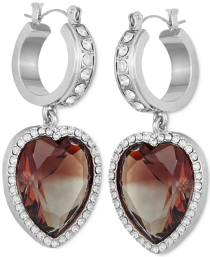 image of Guess Pave & Stone Heart Charm Hoop Earrings